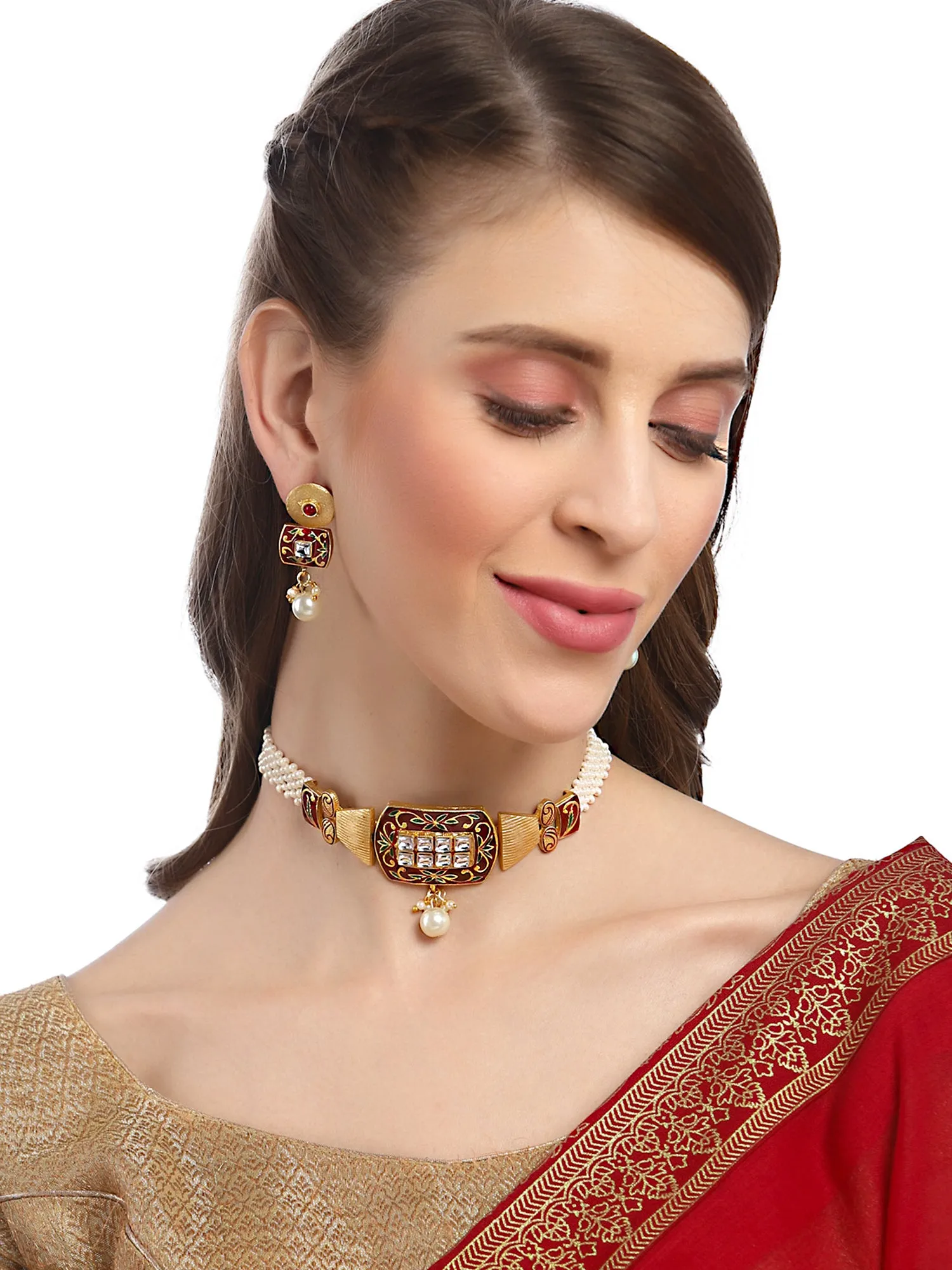 Karatcart Red Meena Pearl Beaded Choker Necklace Set