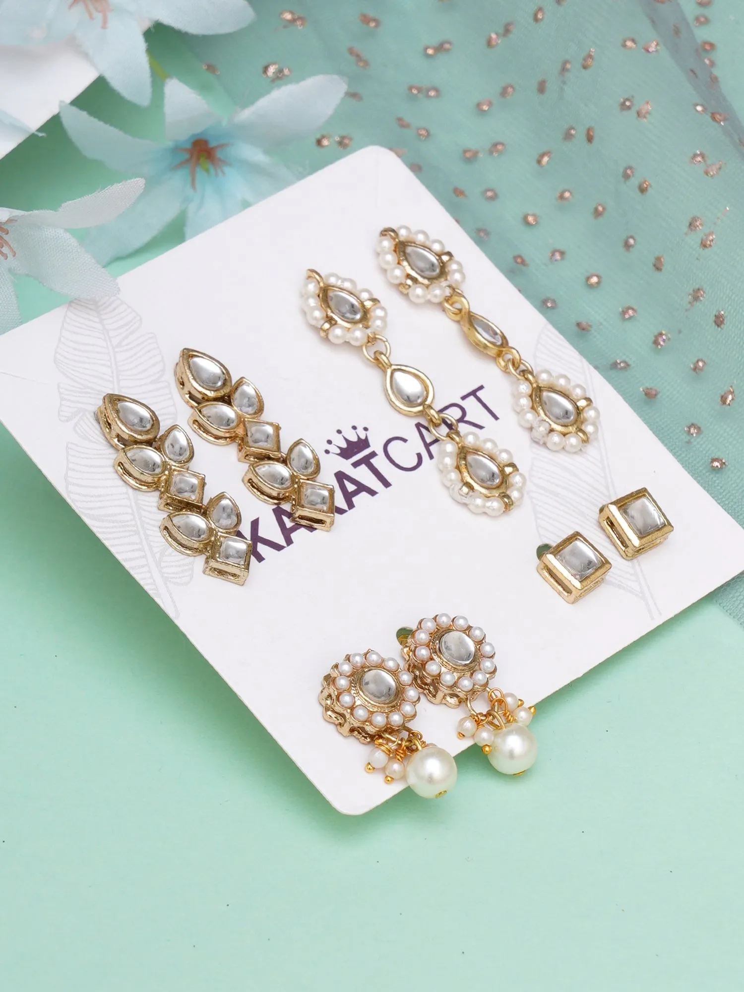 Karatcart Set of 4 Handcrafted Kundan Earrings Combo for Women