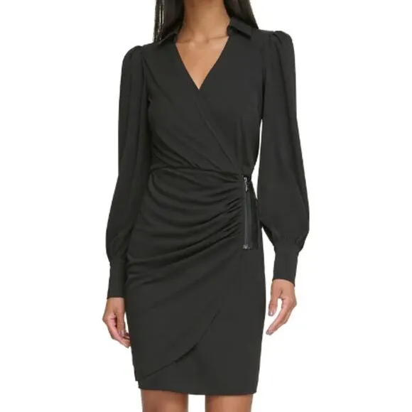 Karl Lagerfeld Paris Ruched Zip Faux Wrap Dress 6