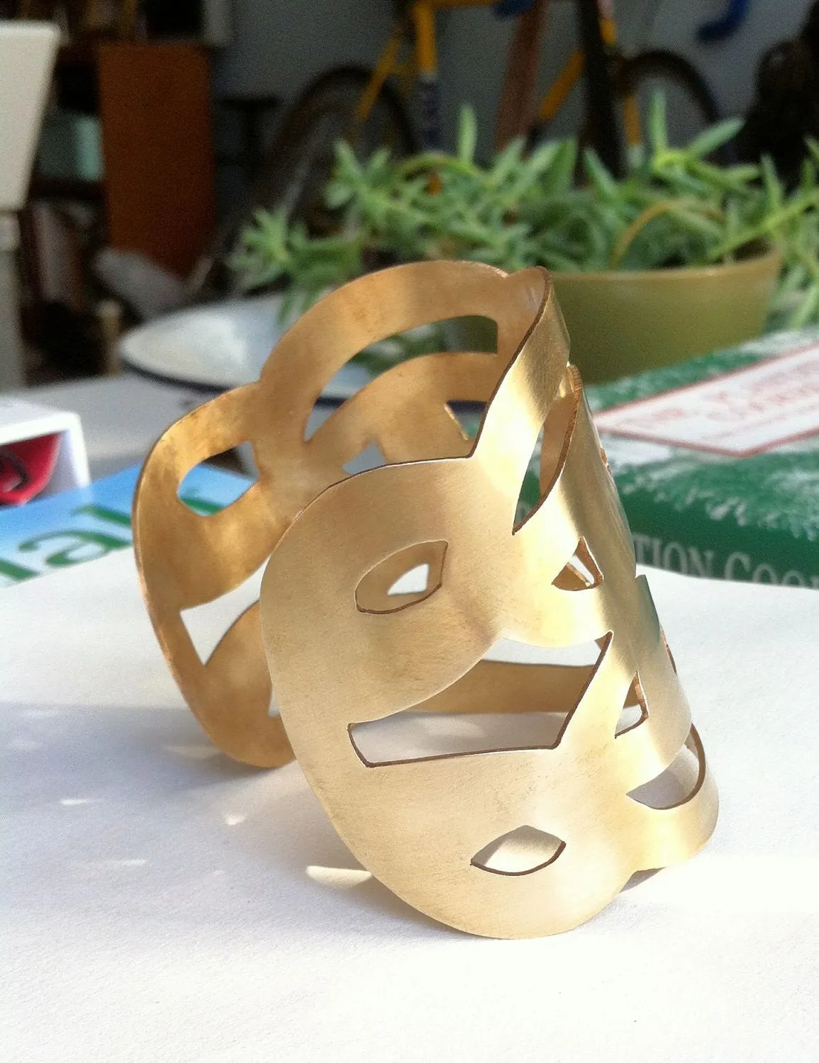 Large, Gold Colored Brass, Hand-Made Cut Out Cuff Bracelet - 0077
