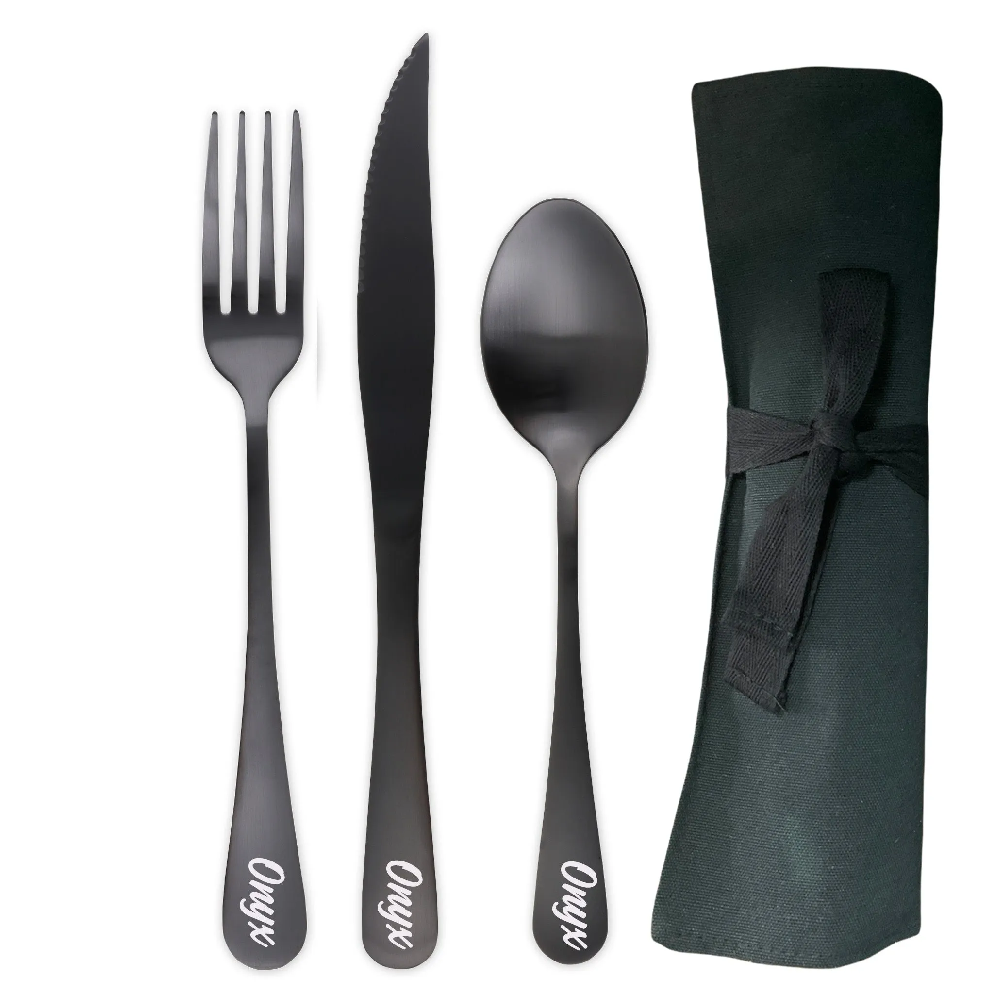 Large Traditional Travel Flatware Set with Steak Knife (Satin Black)