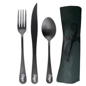 Large Traditional Travel Flatware Set with Steak Knife (Satin Black)