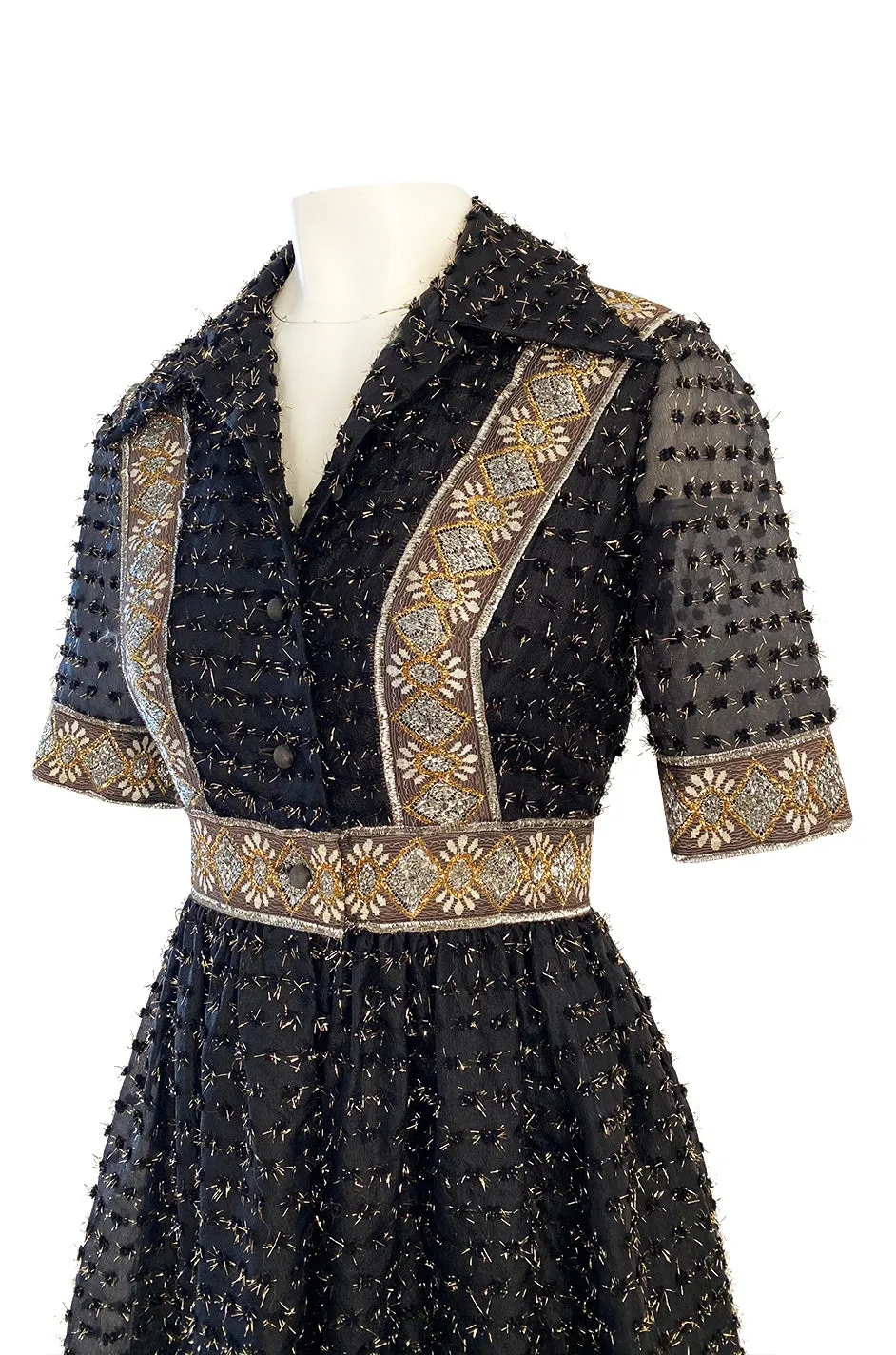Late 1960s Oscar De La Renta Gold Metallic Eyelash Silk Organza Dress w Silver Metallic Detailing