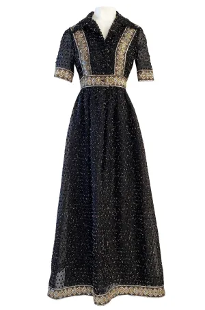 Late 1960s Oscar De La Renta Gold Metallic Eyelash Silk Organza Dress w Silver Metallic Detailing