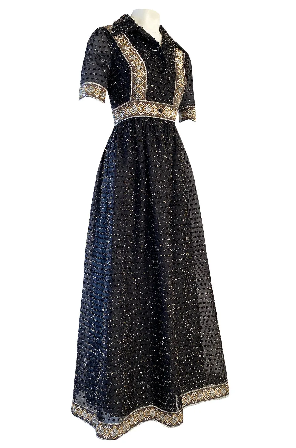 Late 1960s Oscar De La Renta Gold Metallic Eyelash Silk Organza Dress w Silver Metallic Detailing