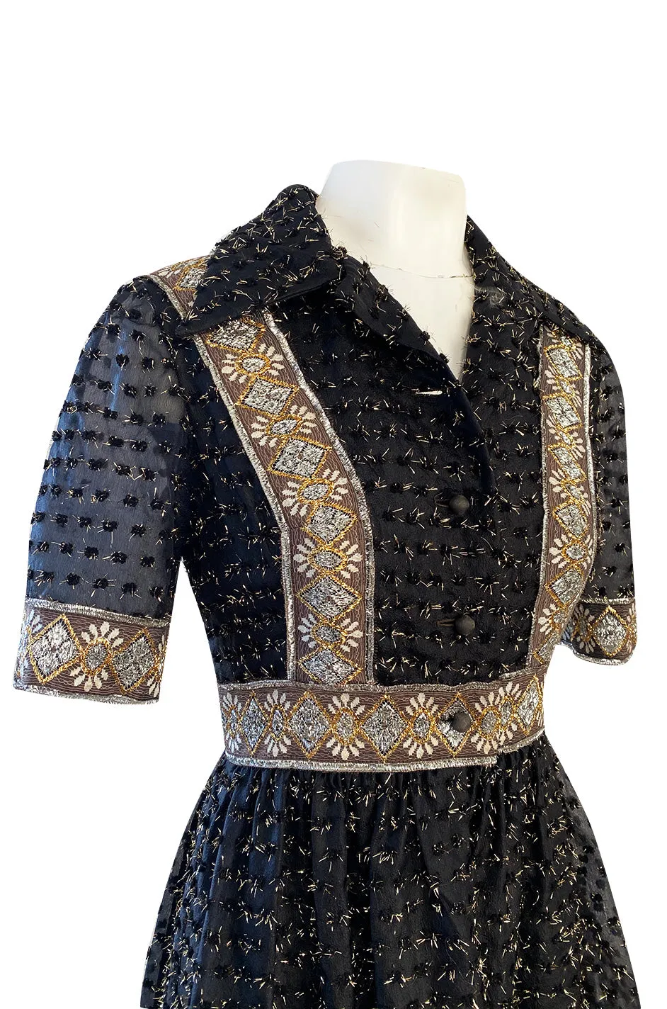 Late 1960s Oscar De La Renta Gold Metallic Eyelash Silk Organza Dress w Silver Metallic Detailing