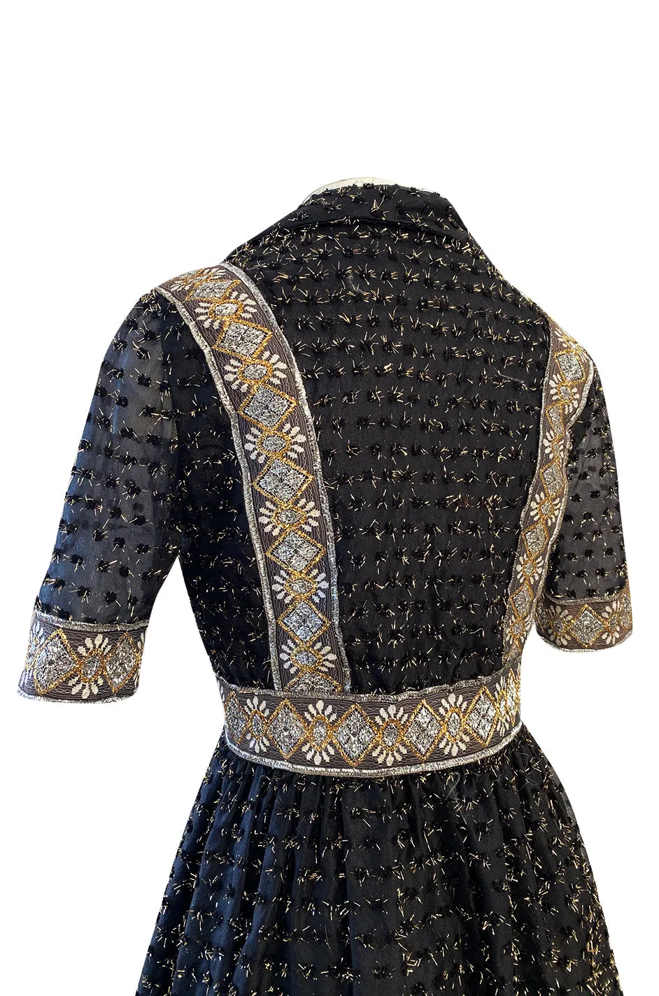 Late 1960s Oscar De La Renta Gold Metallic Eyelash Silk Organza Dress w Silver Metallic Detailing