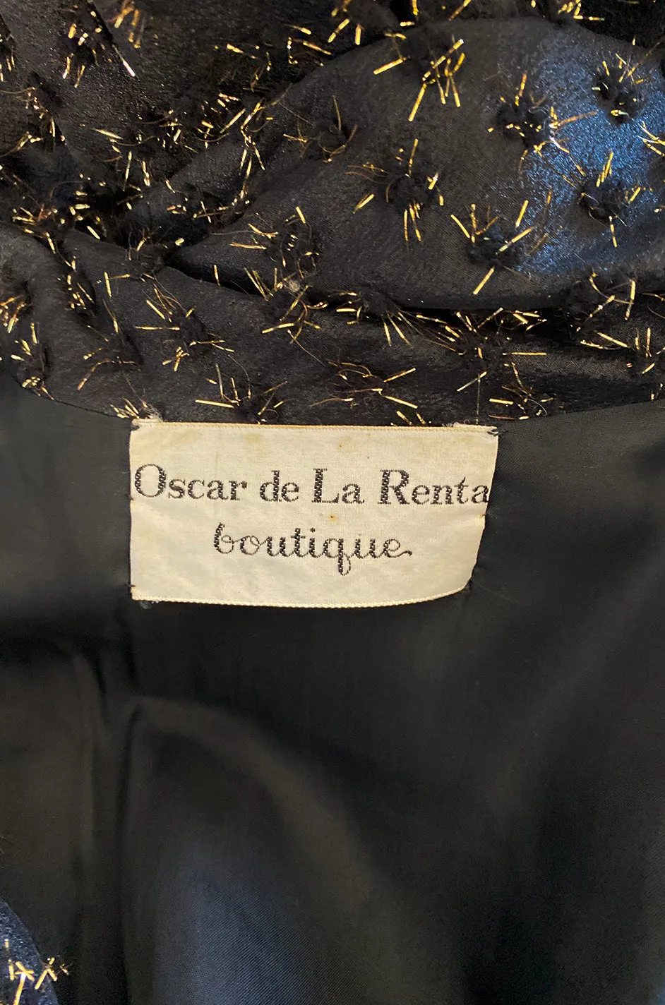 Late 1960s Oscar De La Renta Gold Metallic Eyelash Silk Organza Dress w Silver Metallic Detailing