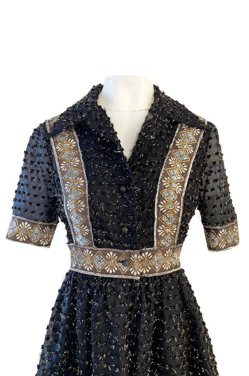 Late 1960s Oscar De La Renta Gold Metallic Eyelash Silk Organza Dress w Silver Metallic Detailing