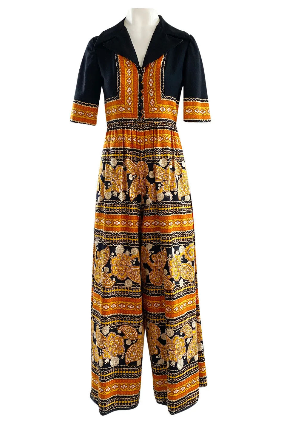 Late 1960s Oscar de la Renta Printed Orange & Black Jumpsuit w Extra Wide Side Slit Legs