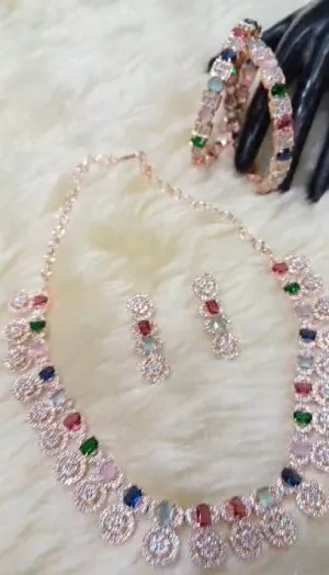 Latest Designer American Diamond Multicolor Jewelry Set