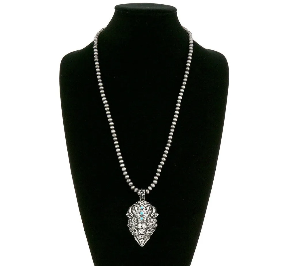 Lavina Fashion Navajo Necklace With Buffalo Head Pendant - Turquoise