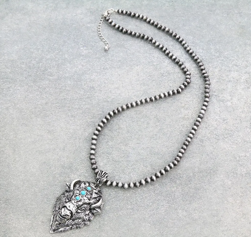 Lavina Fashion Navajo Necklace With Buffalo Head Pendant - Turquoise