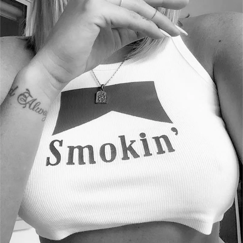 Letter print body revealing the chest exposed umbilical cord neck short vest top female wear