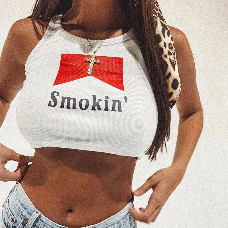 Letter print body revealing the chest exposed umbilical cord neck short vest top female wear