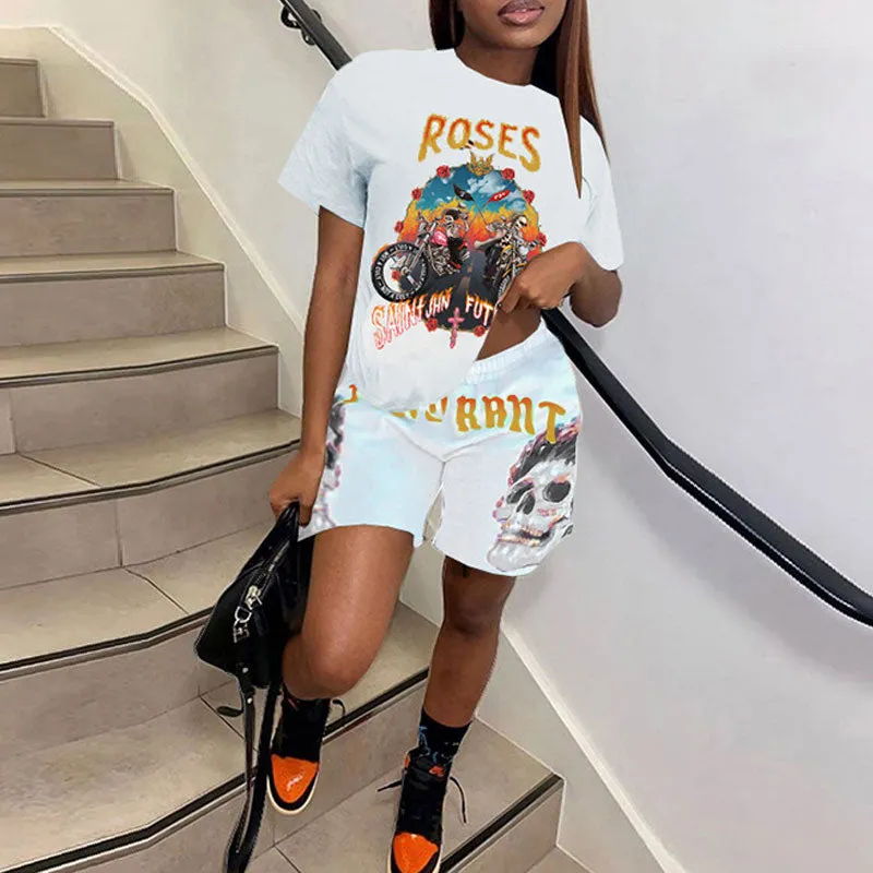 Letter Print Short Sleeve Two Piece Shorts Set