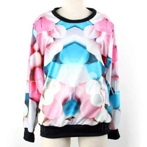 Long Sleeves Round Neck Pills Pattern Print Relaxed Women's Sweatshirt - One Size
