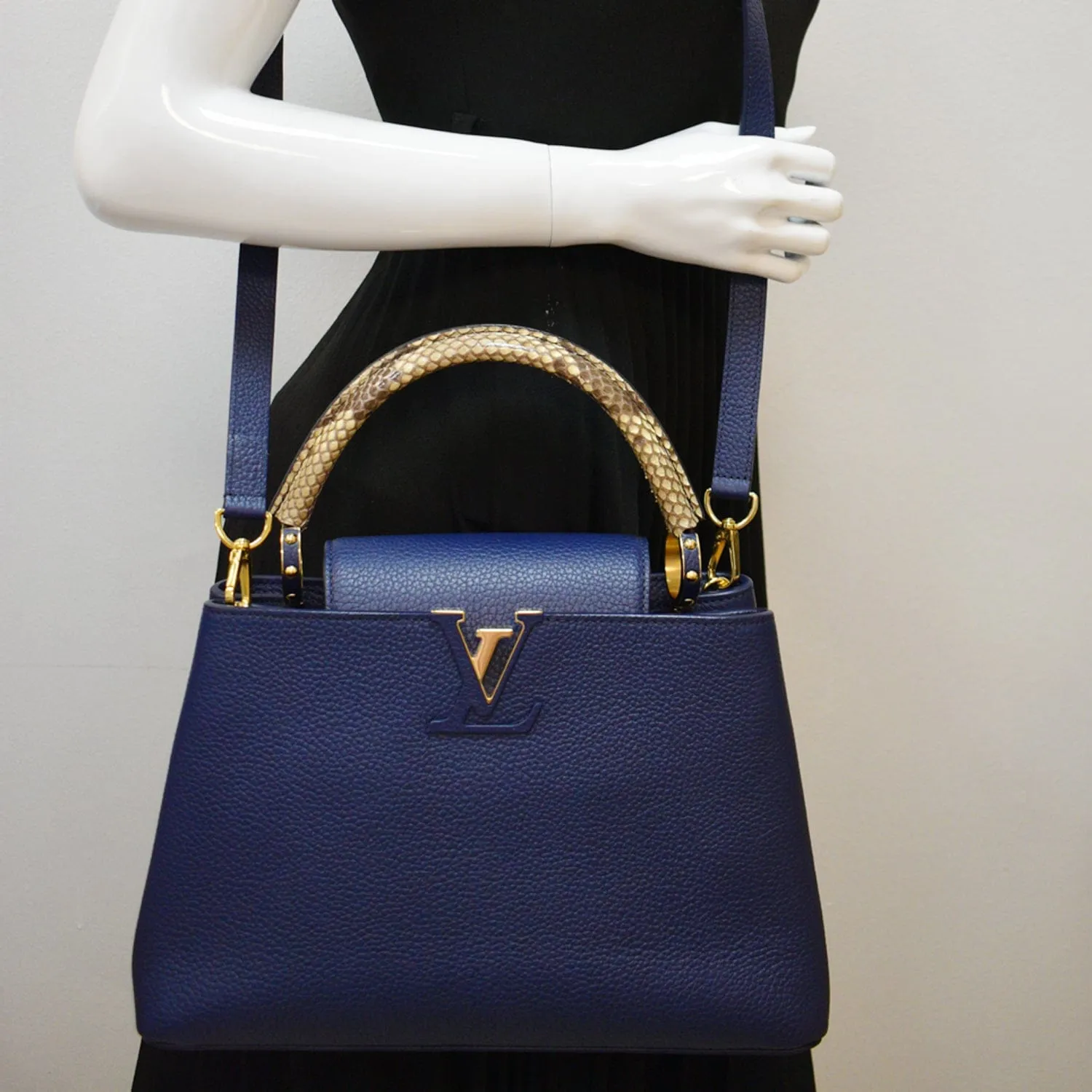 LOUIS VUITTON Capucines MM Taurillon Python Leather Satchel Bag Blue