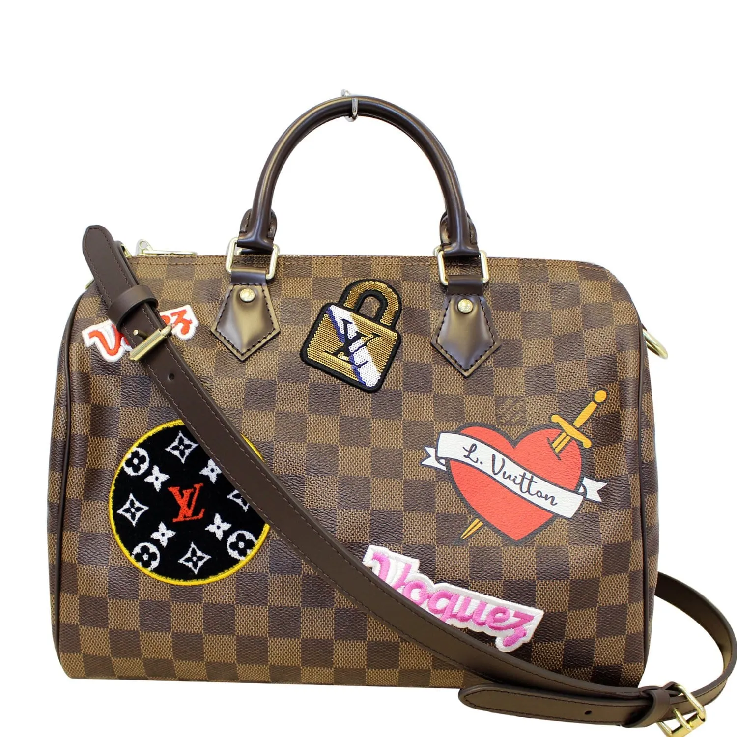 Louis Vuitton Speedy 30 Patches Bandouliere Damier Ebene Shoulder Bag Brown