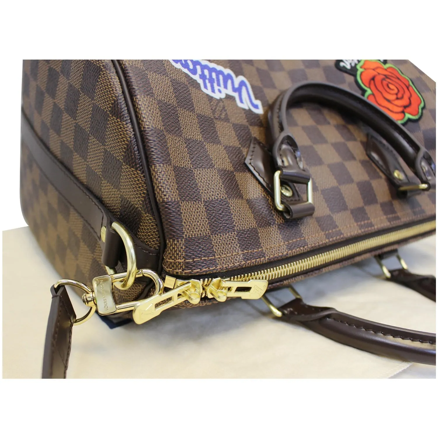 Louis Vuitton Speedy 30 Patches Bandouliere Damier Ebene Shoulder Bag Brown