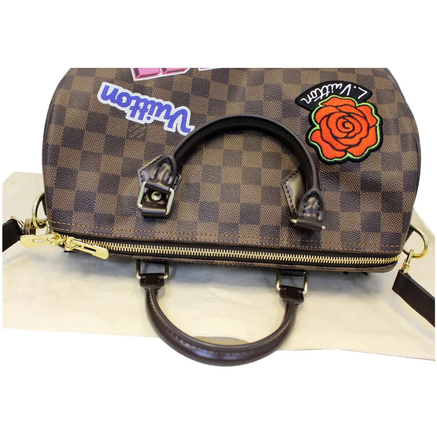Louis Vuitton Speedy 30 Patches Bandouliere Damier Ebene Shoulder Bag Brown