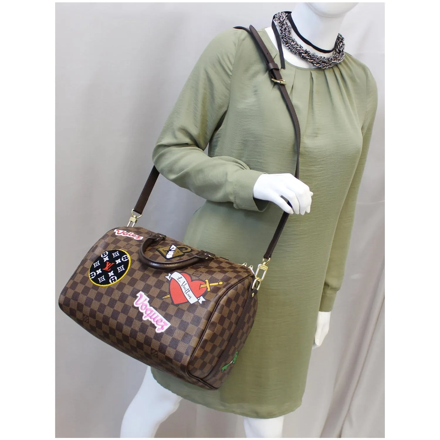Louis Vuitton Speedy 30 Patches Bandouliere Damier Ebene Shoulder Bag Brown