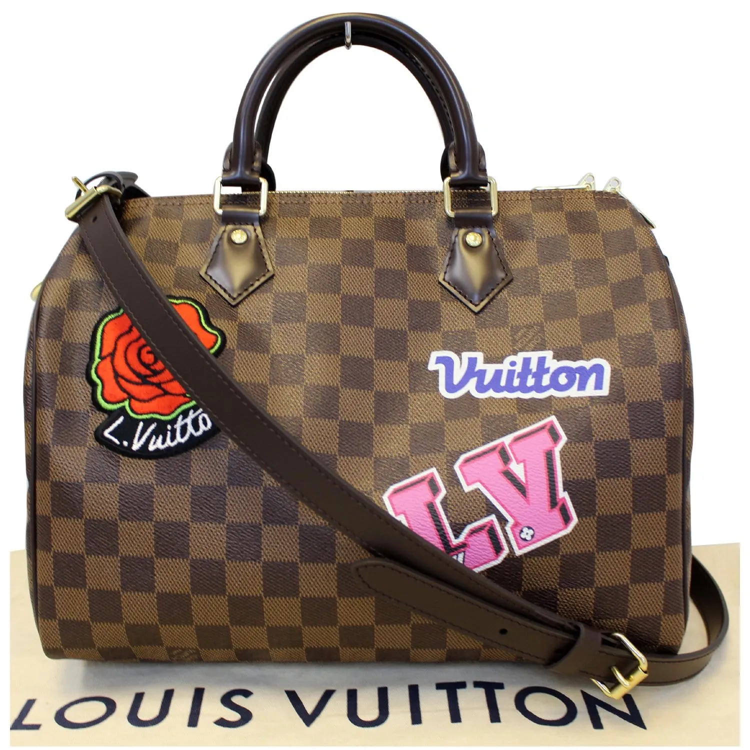 Louis Vuitton Speedy 30 Patches Bandouliere Damier Ebene Shoulder Bag Brown