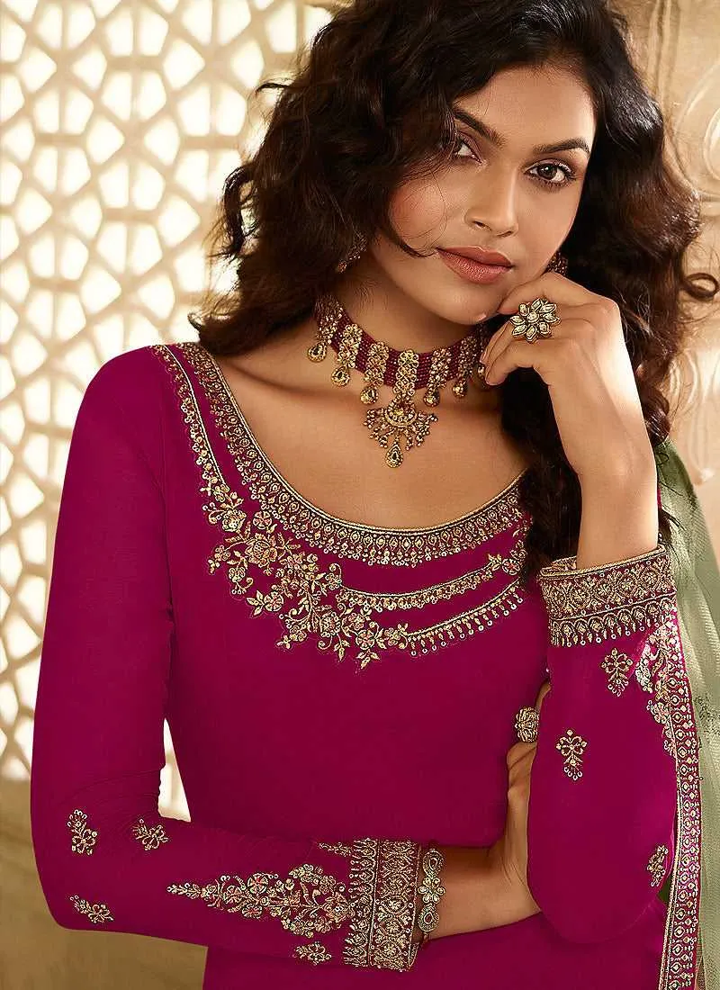 Magenta and Green Designer Heavy Embroidered Lehenga