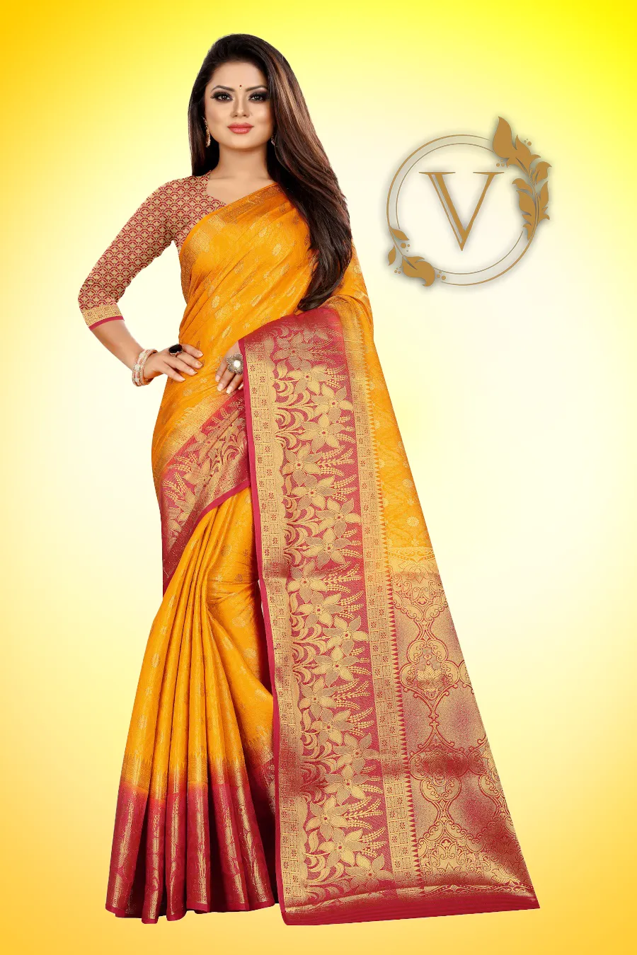 Marigold Banarasi Silk Designer Saree