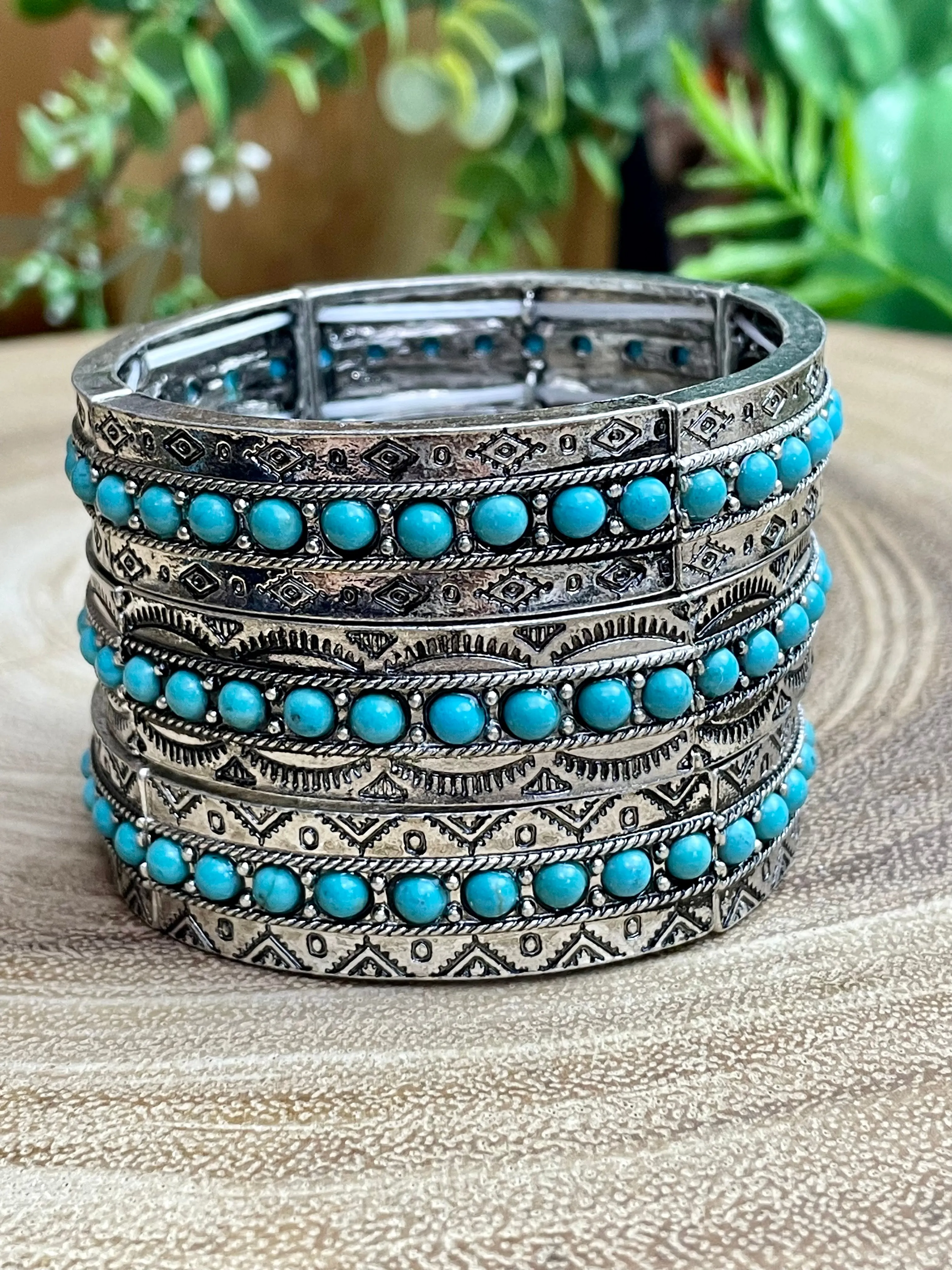 Mason Stone Surround Aztec Stretch Bracelet - Turquoise