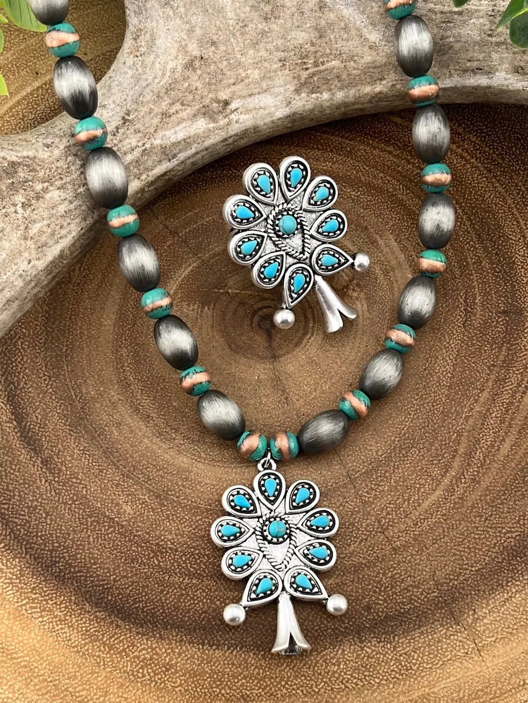 Meister Silver, Copper & Turquoise Flute Blossom Necklace, Earrings & Ring
