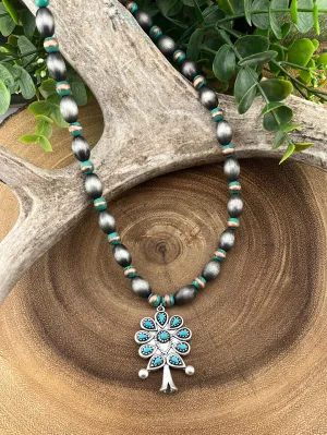 Meister Silver, Copper & Turquoise Flute Blossom Necklace, Earrings & Ring