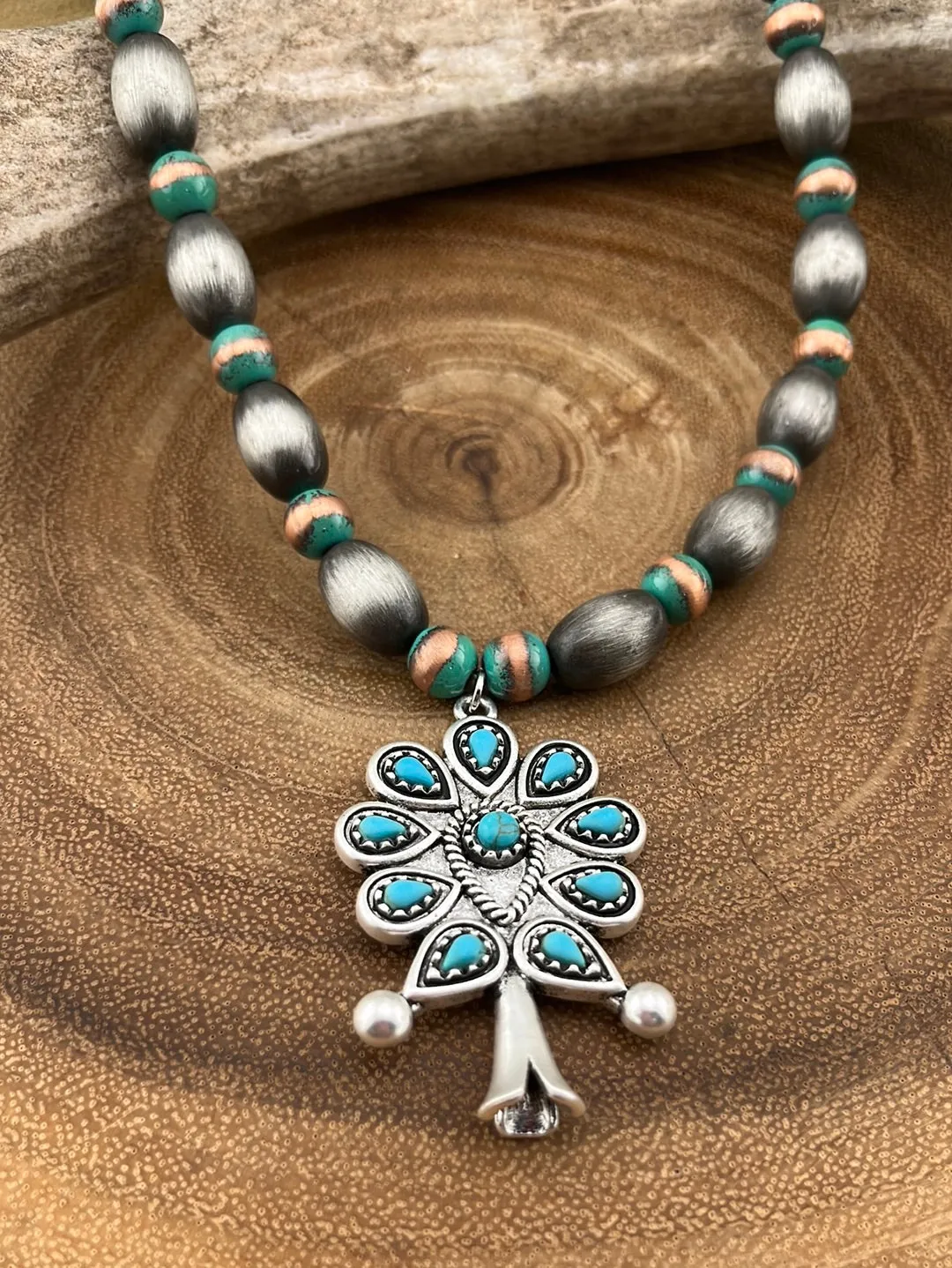Meister Silver, Copper & Turquoise Flute Blossom Necklace, Earrings & Ring