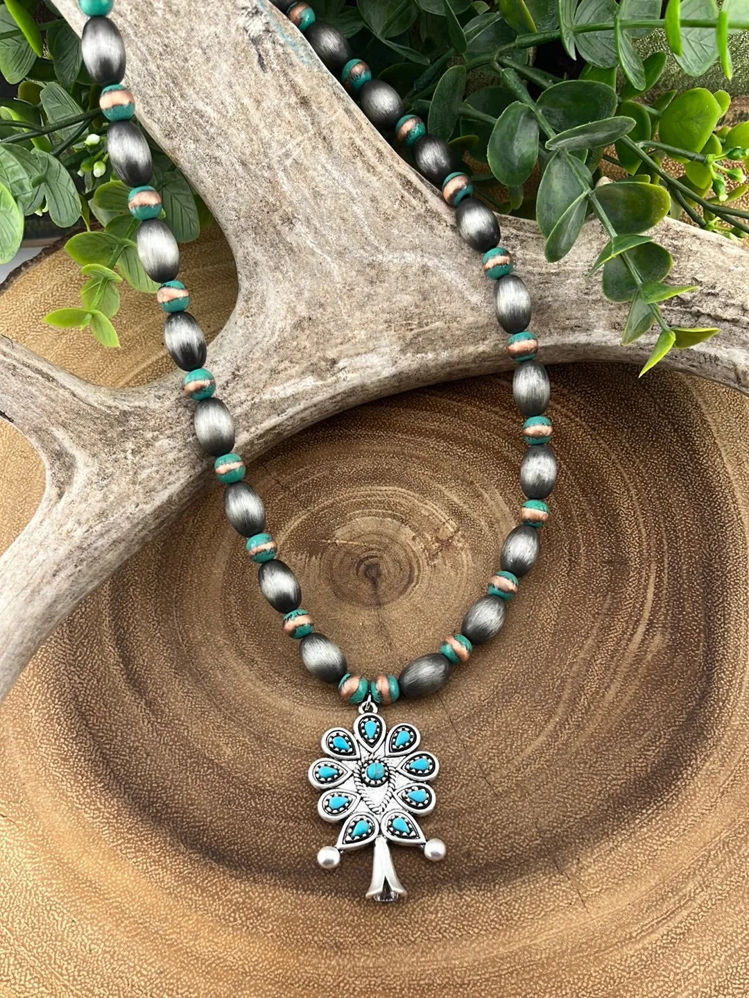 Meister Silver, Copper & Turquoise Flute Blossom Necklace, Earrings & Ring