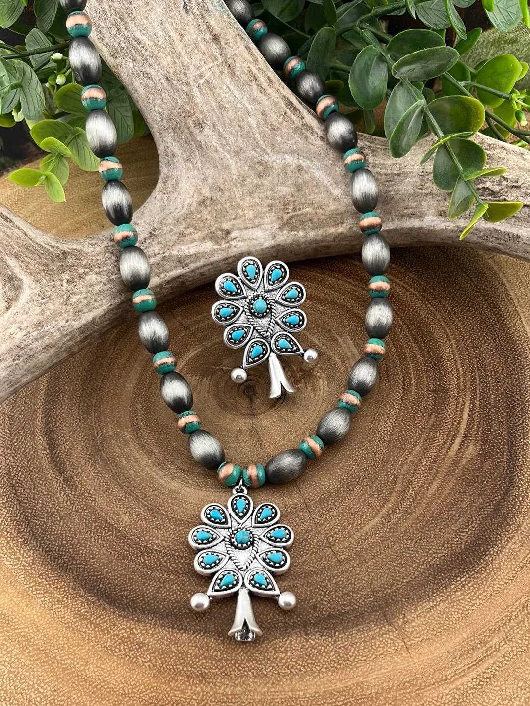 Meister Silver, Copper & Turquoise Flute Blossom Necklace, Earrings & Ring
