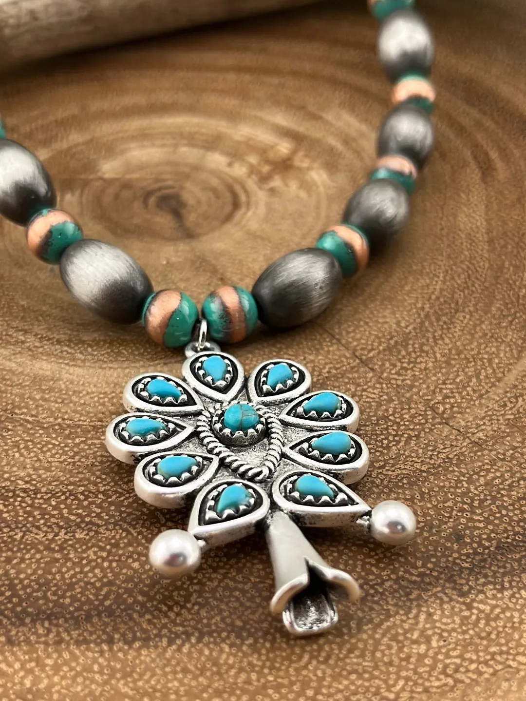 Meister Silver, Copper & Turquoise Flute Blossom Necklace, Earrings & Ring