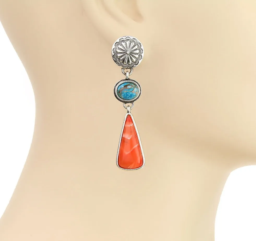 Milky Way Concho Post Double Stone Drop Earrings