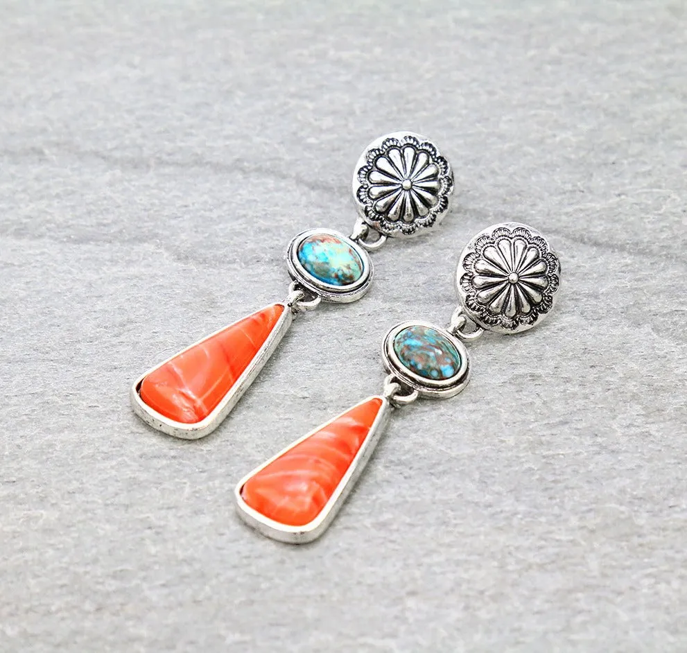 Milky Way Concho Post Double Stone Drop Earrings