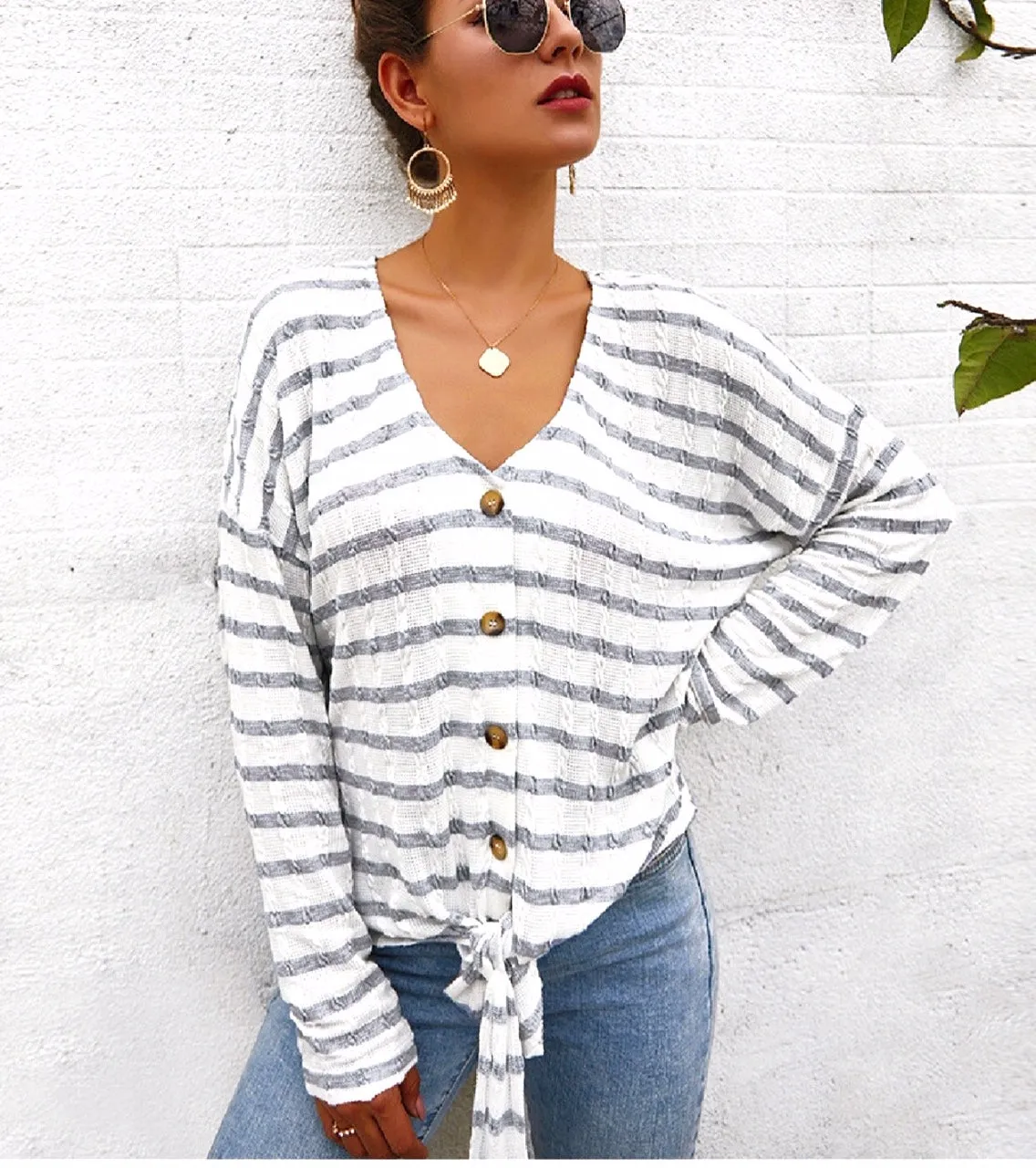 Monterey Bay Striped Front Knot Sweater