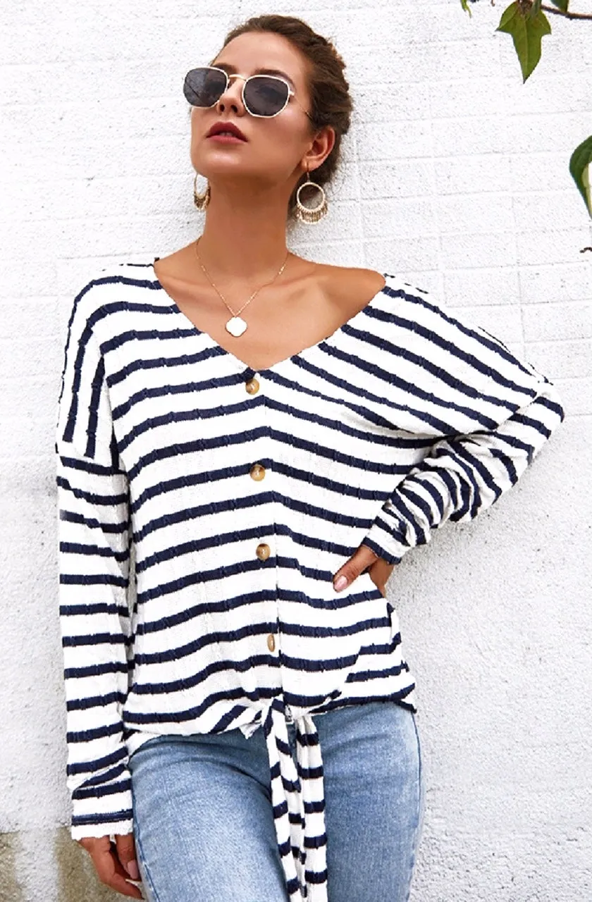 Monterey Bay Striped Front Knot Sweater