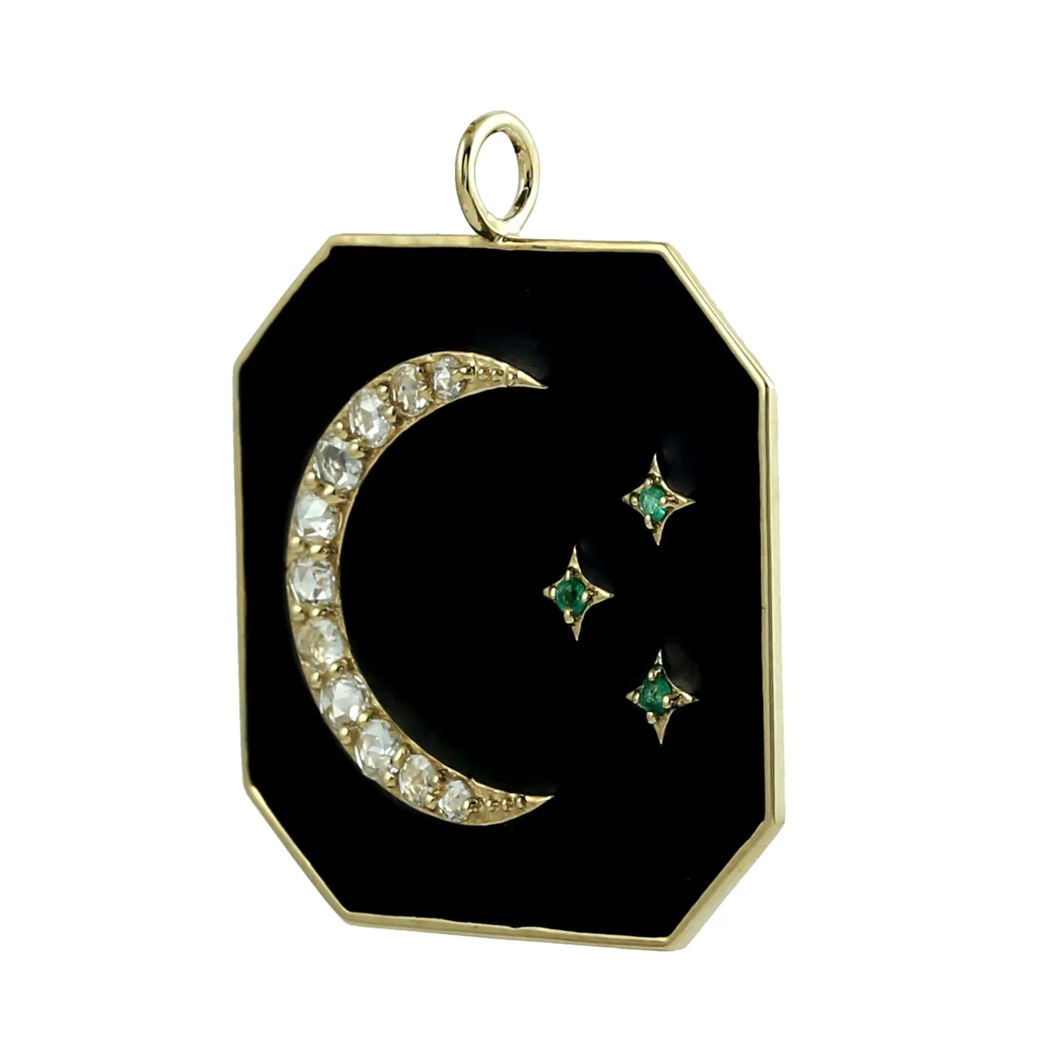 Natural Emerald Pave Diamond Crescent Moon Charm Enamel Octagon 14k Yellow Gold Pendant