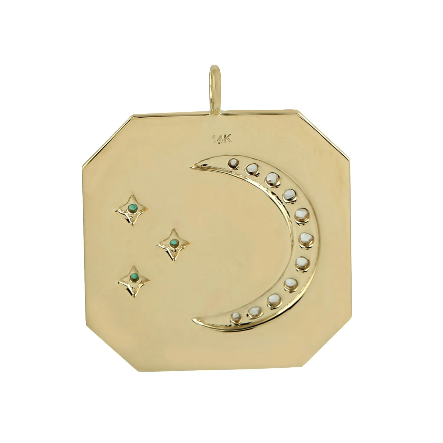 Natural Emerald Pave Diamond Crescent Moon Charm Enamel Octagon 14k Yellow Gold Pendant