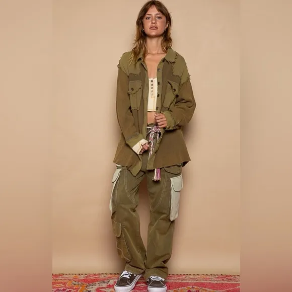 NEW POL Vintage Wash Olive Top With Pocket size Small