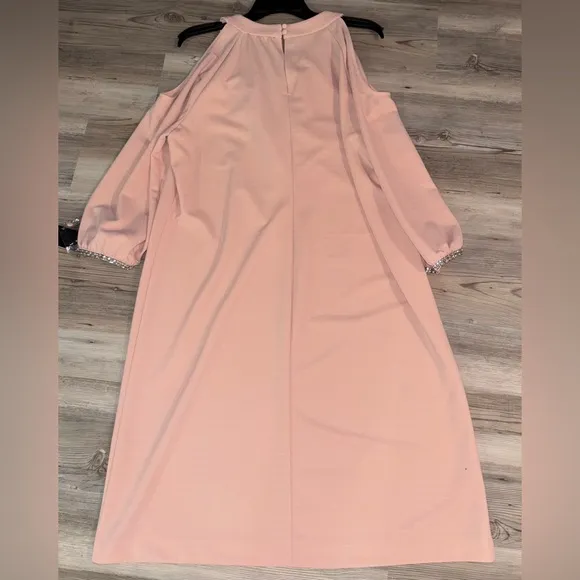 NWT Nine West Size 14 Elegant Cold Shoulder Pink Dress with Rhinestone Sleeves
