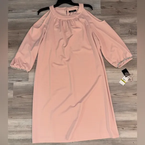 NWT Nine West Size 14 Elegant Cold Shoulder Pink Dress with Rhinestone Sleeves