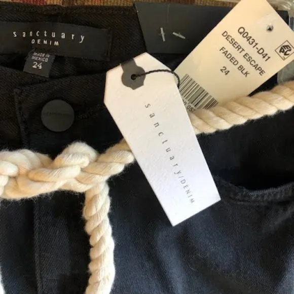 NWT SANCTUARY Denim Destroyed Black Jean Shorts w White Rope Belt SZ 24
