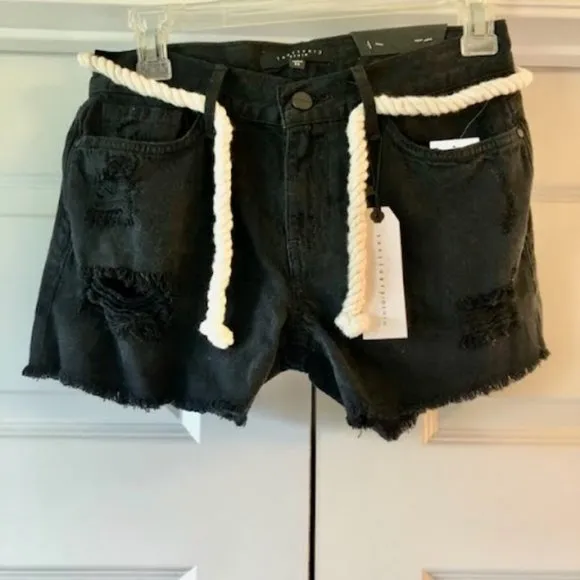 NWT SANCTUARY Denim Destroyed Black Jean Shorts w White Rope Belt SZ 24
