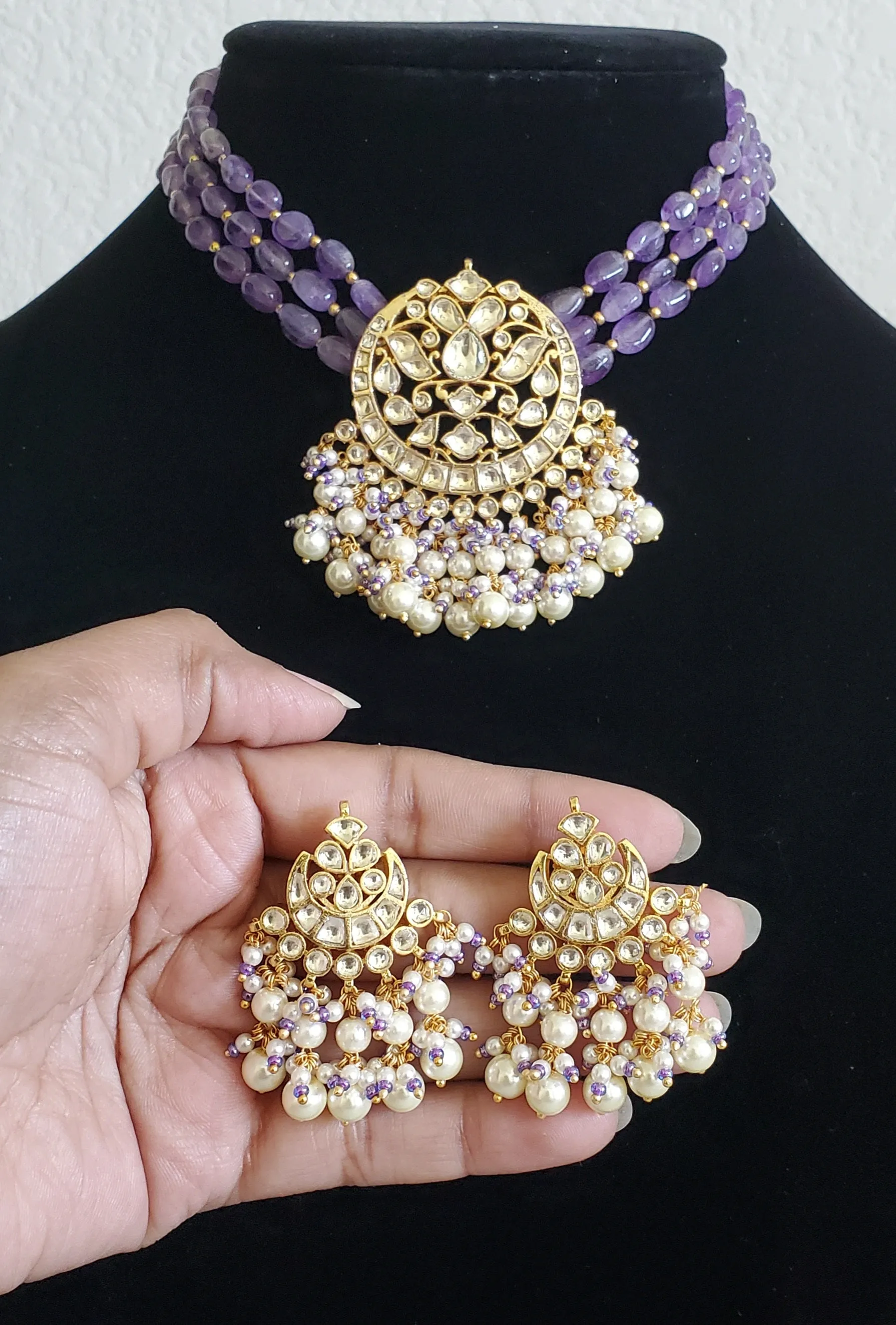 Pachi Kundan Purple Beads Necklace Set With Gold Plating