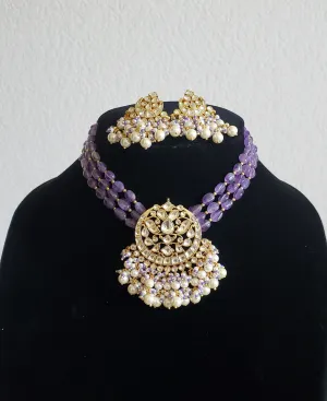 Pachi Kundan Purple Beads Necklace Set With Gold Plating