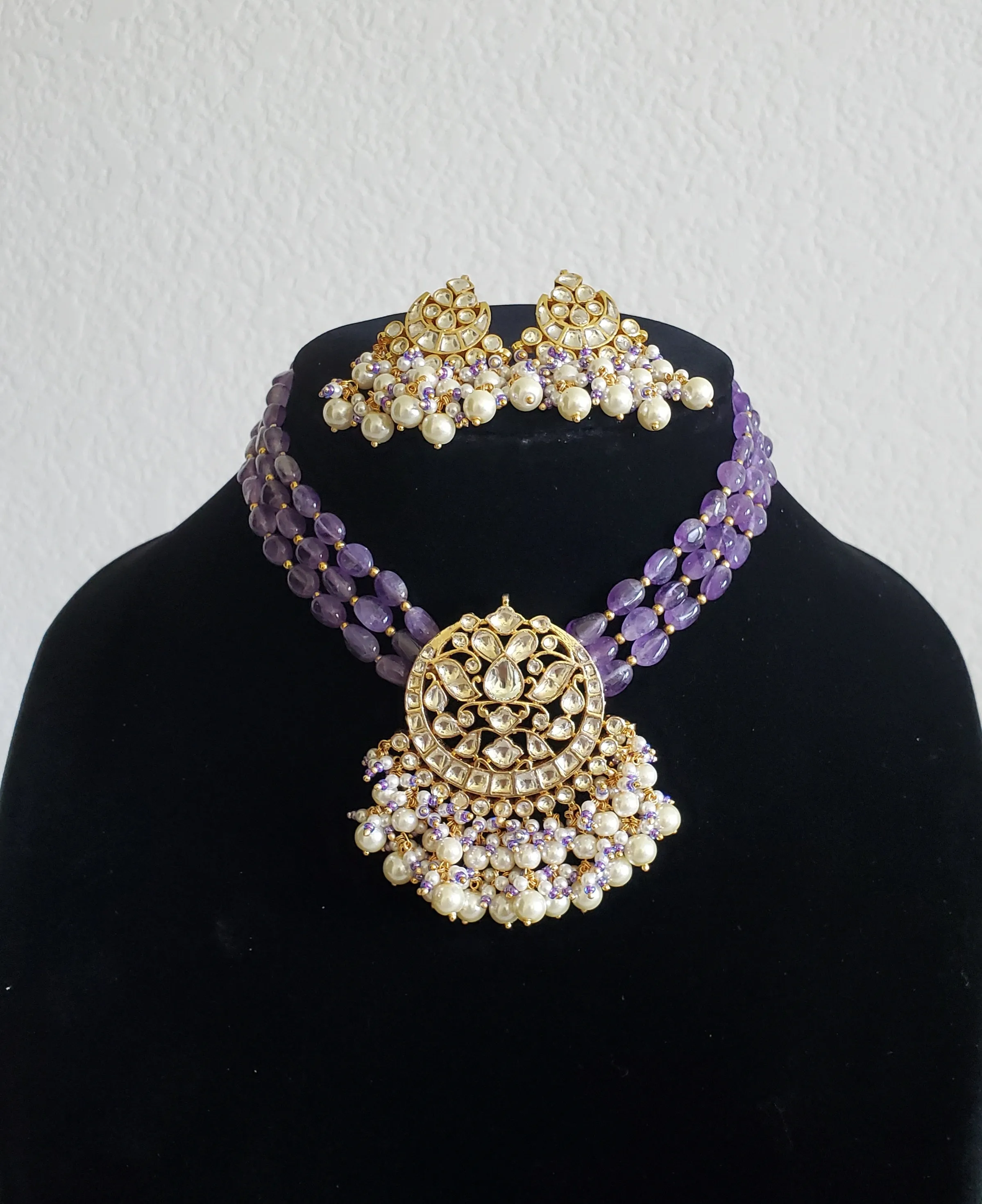 Pachi Kundan Purple Beads Necklace Set With Gold Plating